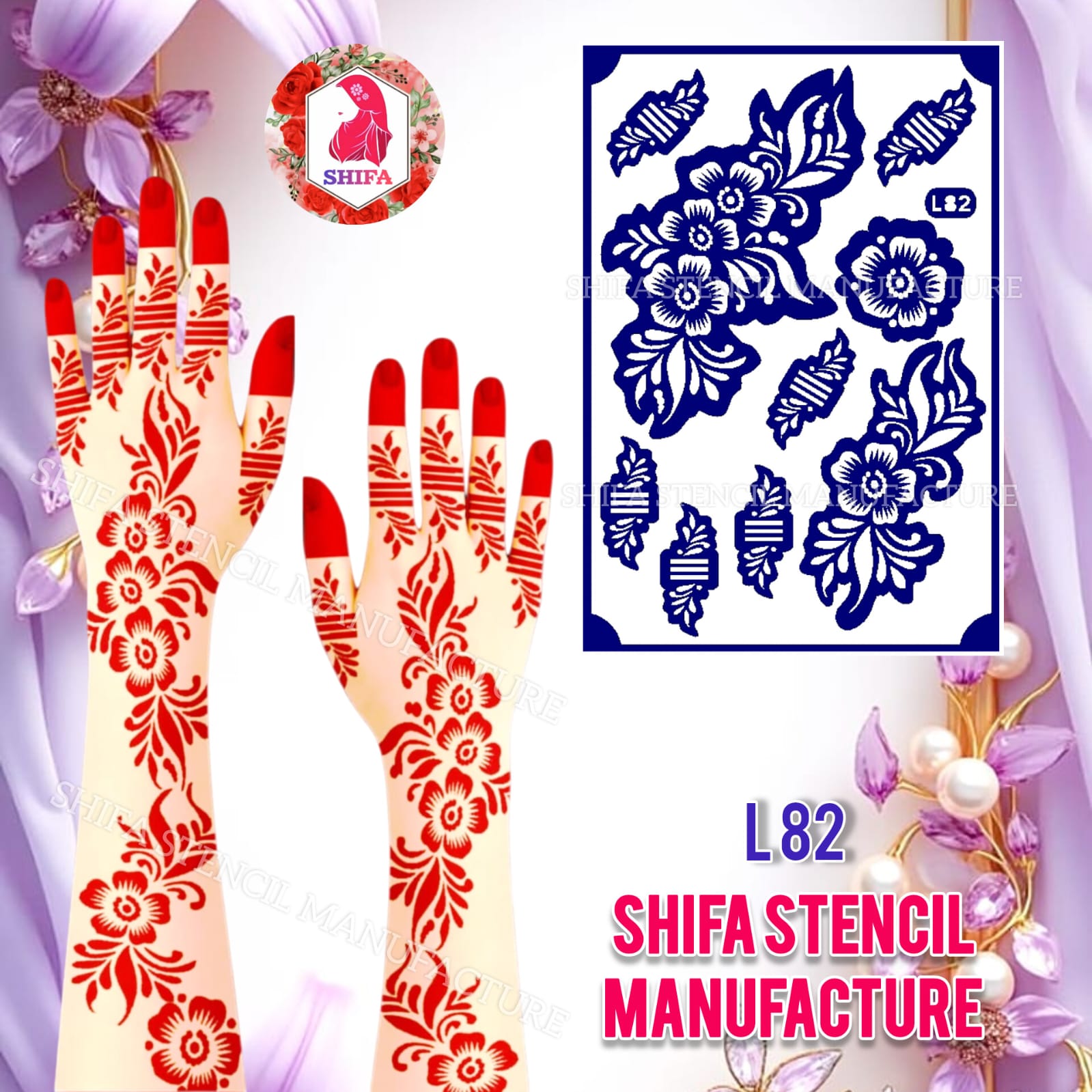 L 82 – Floral Cascade Elegance Sticker Overview Henna Stencil - Shifa Stencil